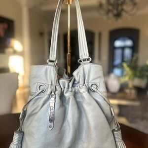 Cole Haan Silver Leather Drawstring Shoulder Bag